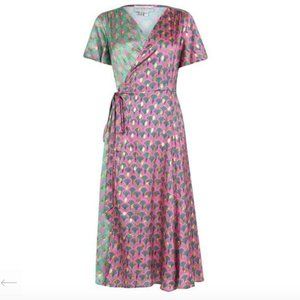Pink and Green Shiny Printed Wrap Midi Dress